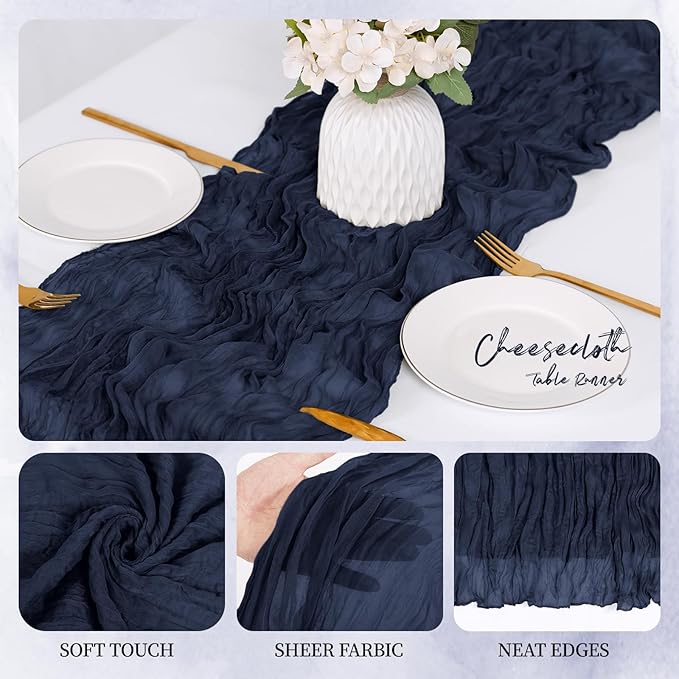 6 Pack Navy Blue Cheesecloth Table Runner 17x108 Inch Semi Sheer Boho Gauze Cheese Cloth Fabric Table Runners, for Wedding Party Baby Shower Birthday Home Decor Garden Farmhouse