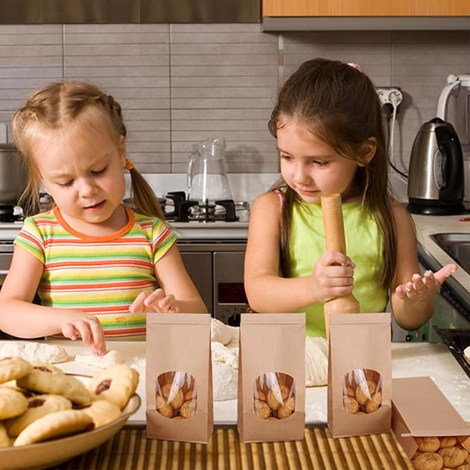 50pcs Bakery Bags with Window for Cookies Bread Packaging Brown Paper Bag Bulk XS