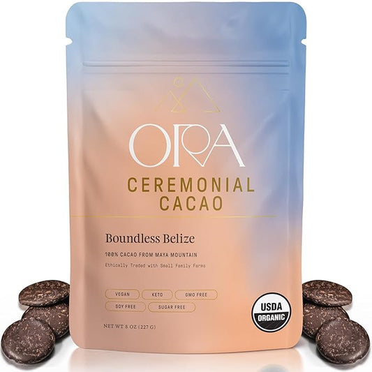 ORA Ceremonial Cacao - Boundless Belize - Organic 100% Cacao - Ethical - Regenerative - High Flavanol - Coffee Alternative - Better Energy - Heavy Metals Tested - Unsweetened - 8oz