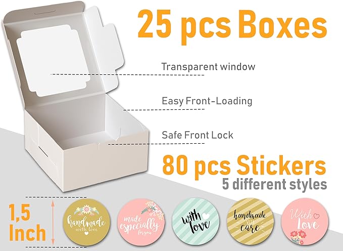 10x10x5 Bulk 25 Pcs Cake Boxes 10 Inch with Window Clear Bakery Dessert Box Square White Large Disposable Pie Boxes Package for Bake Goods Paper Pastry Packaging Donut Delivery Box (80 Pcs Stickers)
