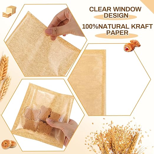 Outus 200 Pcs Cookie Packaging Bags with Seal, 5 x 6 Inch Bakery Pastry Bags with Window, Heat Sealable Grease Resistant Paper to Go Bake Sleeves for Gift Giving Donut Bread Sandwich (Brown)