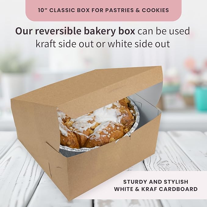 FC Meyer Bakery Boxes - Reversible Classic 10” Layer Cake Box, Versatile Reversible Paperboard – Choose White Or Kraft Side, Ideal for Small Bakery Cafes, Made In USA, Size 10 x 10 x 5 (Pack of 50)