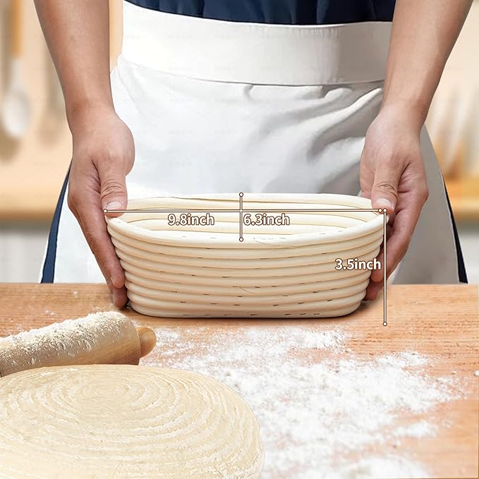 Soudough bread baking supplies, Upoomart Banneton Bread Proofing Basket Set of 2, 9 Inch Round & 10 Oval Cane, 34oz Sourdough Starter Jar Kit, Dough Scraper Linen Liner