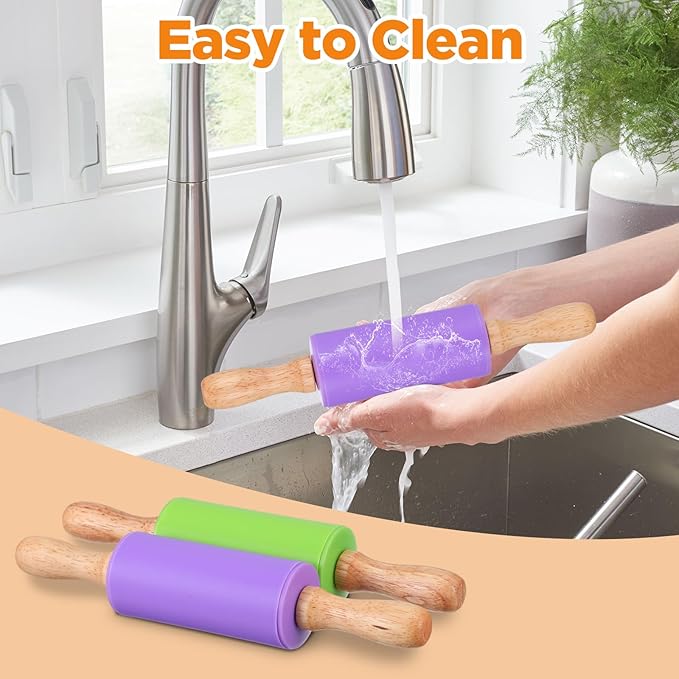 10 Pcs 9 Inch Mini Rolling Pin for Kids, Silicone Wooden Non-Stick Cooking Pins Baking, 5 Colors for Kitchen Dough Cookie Pastry Fondant Cake