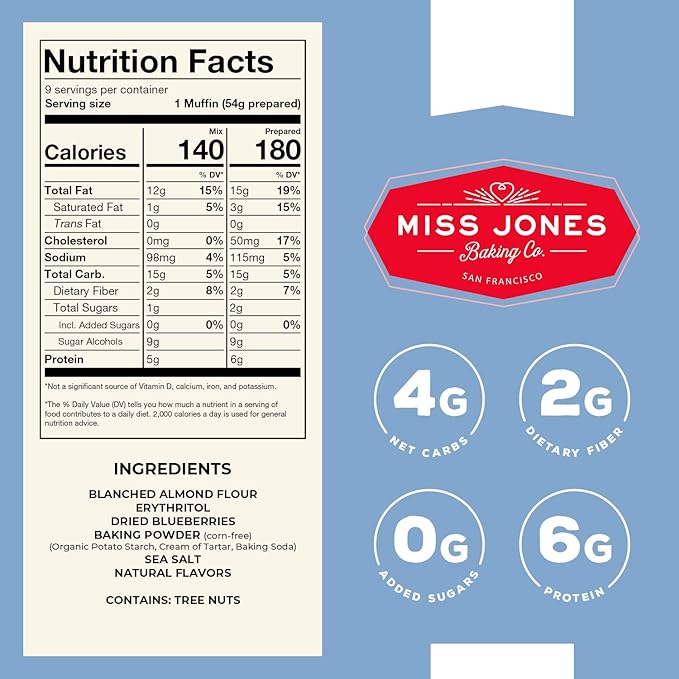 Miss Jones Baking Blueberry Muffin Mix - Almond Flour, Gluten Free, Low Carb, No Sugar Added, Naturally Sweetened Desserts & Treats - Keto, Diabetic, Atkins, WW, and Paleo Friendly (Pack of 2)