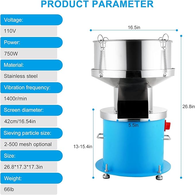YUCHENGTECH Automatic P-o-w-d-e-r Sifter Automatic Sifter Shaker Machine 750W Electric Flour Sifter Automatic Sieve Shaker Vibrating Sieve Machine φ16.54in 2-500mesh Optional (110V)