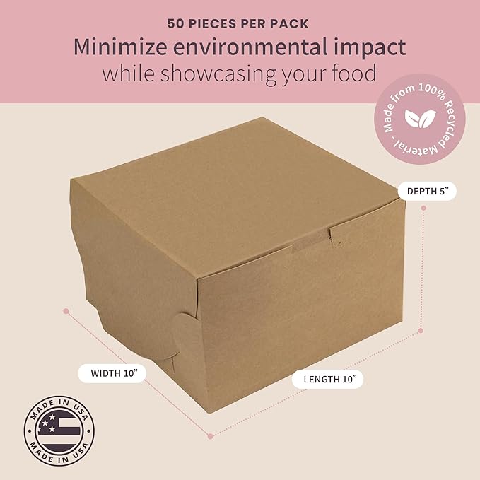 FC Meyer Bakery Boxes - Reversible Classic 10” Layer Cake Box, Versatile Reversible Paperboard – Choose White Or Kraft Side, Ideal for Small Bakery Cafes, Made In USA, Size 10 x 10 x 5 (Pack of 50)
