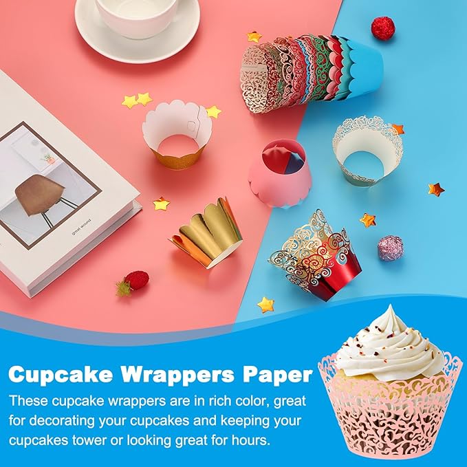 PATIKIL Cupcake Wrappers Paper, 50 Pack Baking Cups Standard Vine Decoration for Anniversary Birthday Weddings and Parties, Pink