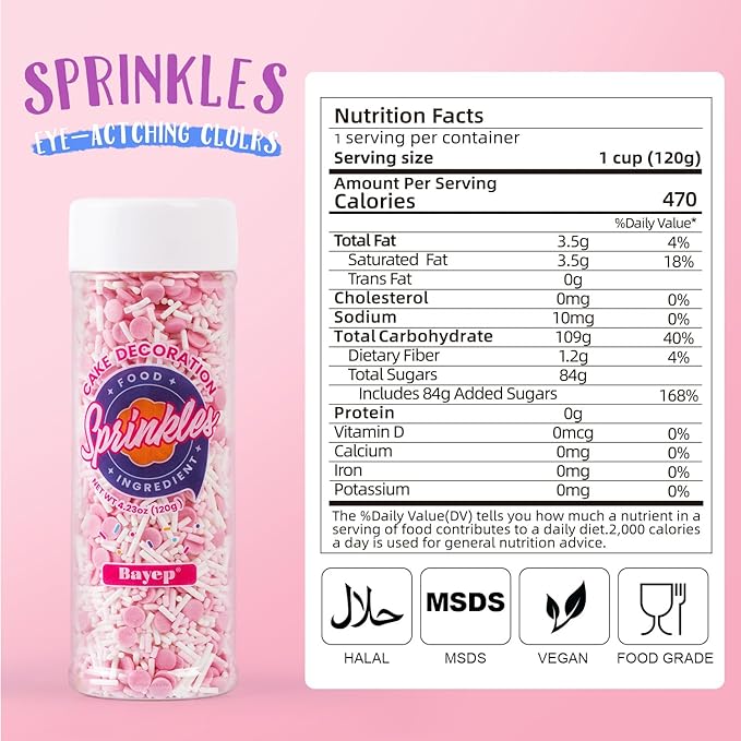 Dye Free Sprinkles No Artificial Dyes Natural Pink Confetti Jimmies Sprinkles for Cake Decorations Baby Shower, Cookies, Fondant Cake, Dessert Toppings, 4.2oz