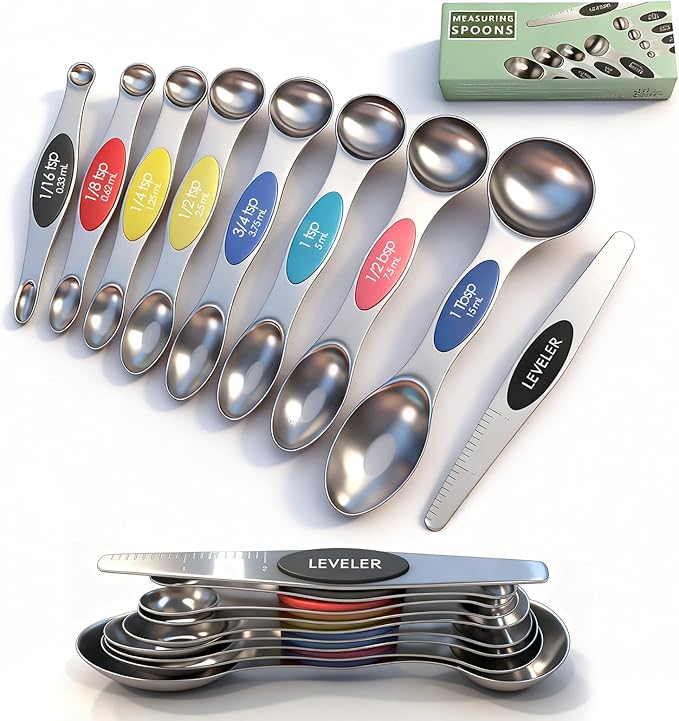 Stainless Steel Magnetic Measuring Spoons Set,Dual Sided Stackable Nesting Teaspoons Tablespoons for Measuring Liquids and Dry Ingredients,Set of 9 with Leveler, Strong Magnet,Multicolor