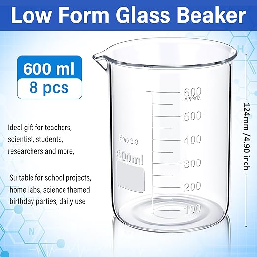 8 Pcs 600 ml Glass Lab Beaker 3.3 Borosilicate Glass Measuring Cup with Spout Low Form Glassware for Laboratories Classrooms or Home Use