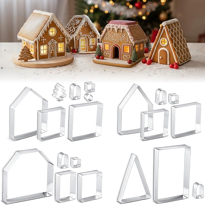 4 Set Gingerbread House Cookie Cutters with Piping Bags Tips Set Christmas Cookie Cutters 3D Gingerbread House Kit for DIY Christmas Holiday Biscuit Cake Dough Fondant Baking Dough Tool Gift