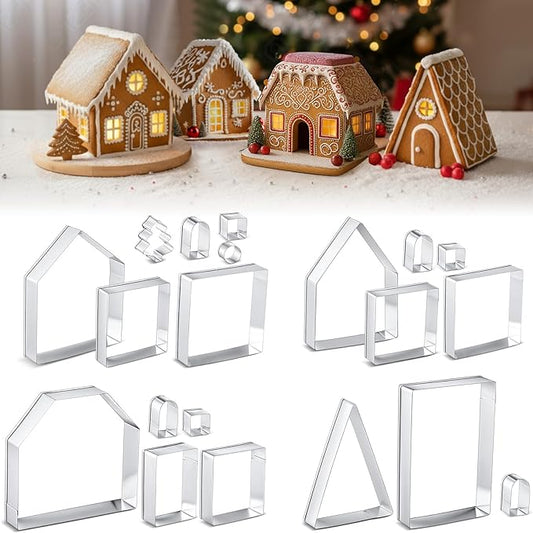 4 Set Gingerbread House Cookie Cutters with Piping Bags Tips Set Christmas Cookie Cutters 3D Gingerbread House Kit for DIY Christmas Holiday Biscuit Cake Dough Fondant Baking Dough Tool Gift