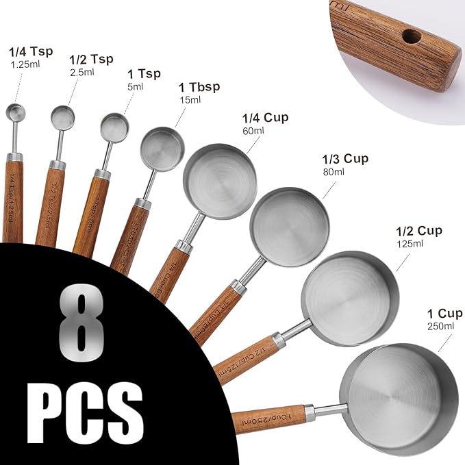 Gold Measuring Cups and Spoons Set, 8 Piece Premium Stainless Steel Measuring Cups with Wood Handles for Baking Supplies in the Kitchen (Silver)