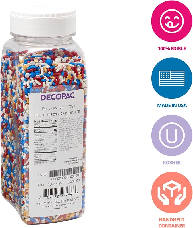 DECOPAC Firecracker Deluxe Fusion Mix, 26oz, Fancy Patriotic Candy Sprinkles in Handheld Container, Edible Sprinkles For Celebration Cakes, Cupcakes, Cookies and Donuts, Red, White, and Blue