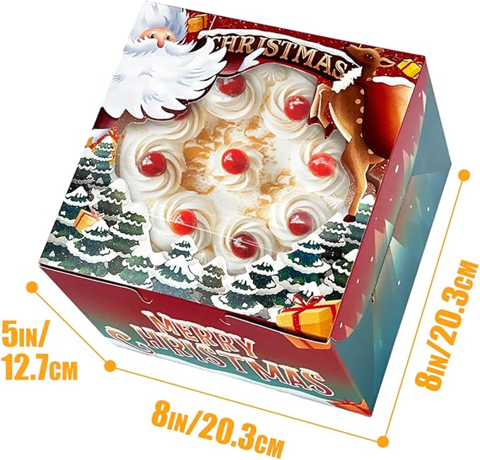 qiqee Christmas 8x8x5 Cake Box, 18 Sets Christmas Cake Box with Window ＆ 18 Sets 8" Christmas Snow House Cake Round Boards, 8inch Cake Containers