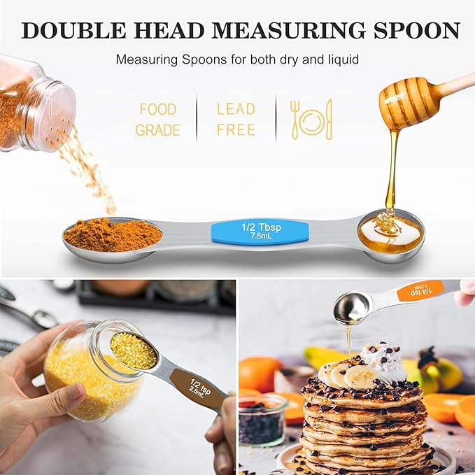 Measuring Cups and Magnetic Measuring Spoons Set, Wildone Stainless Steel 8 Measuring Cups, 7 Double Sided Stackable Magnetic Measuring Spoons, 1 Leveler & 5 Mini Spoons - 21 Piece Multicolor