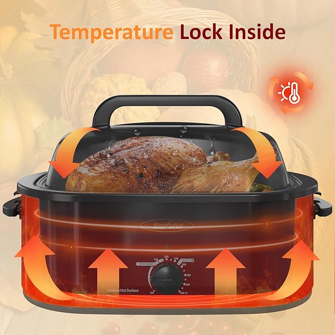 Sunvivi 26 Quart Roaster Oven, Electric Roaster Oven with Glass Lid, Turkey Roaster Buffet with Self-Basting Lid, Removable Pan, Cool-Touch Handles, Red
