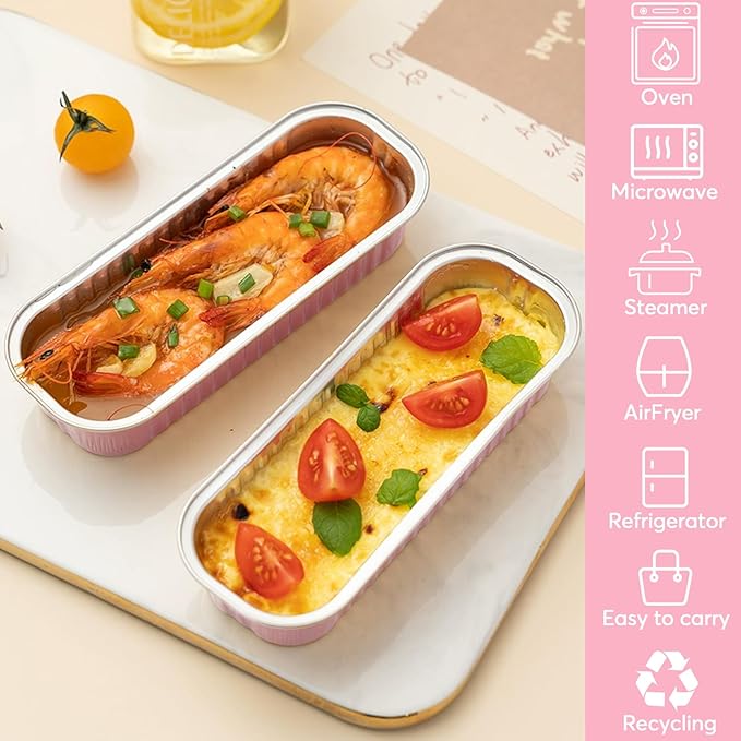 Ruckae 100 Pack Mini Loaf Cake Pan with Lids and Spoons Disposable Aluminum Tin Foil Pans Rectangle Mini Loaf Pans with Lids for Baking,Party,Picnics,Holidays (Pink)