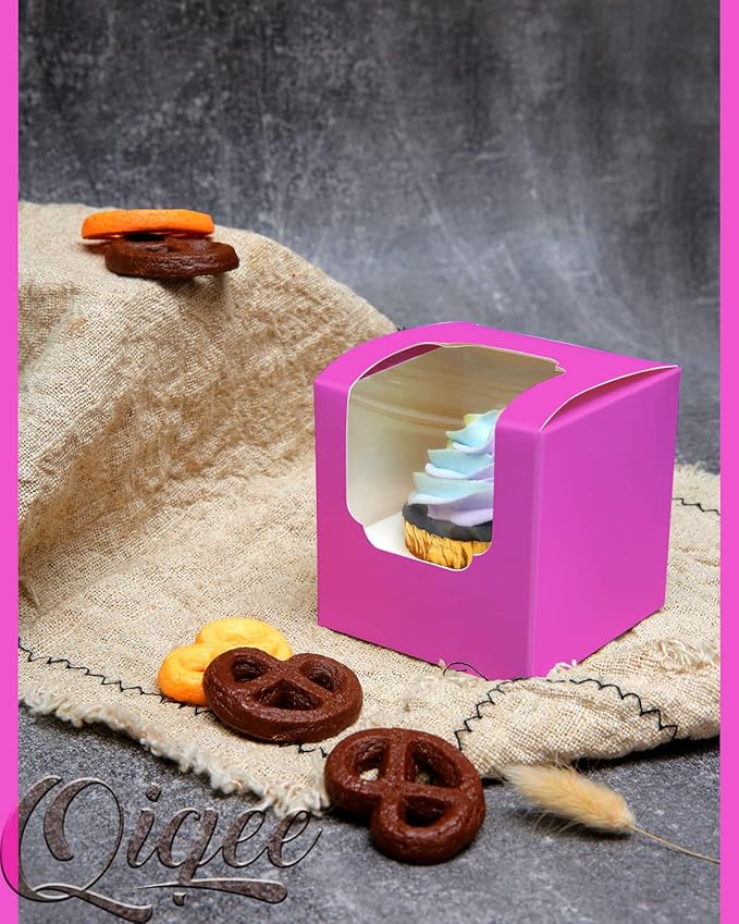 qiqee Roland Cupcake Boxes Individual Cupcake Container 60pcs 3.5" x 3.5" x 3.5" Auto-Pop up Single Cupcake Boxes (60 Boxes+60 Inserts)