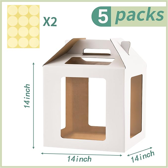 XININSUN Tall Cake Boxes for Tier Cakes 14x14x14 Inch Tall Cake Carrier with 6 Windows,Large Tierd Cake Take Out Transport Containers with Handle for Wedding, Birthday, Party-5Pack