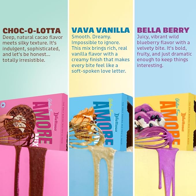 Dilettoso's Organic Gluten-Free Oat Flour Baking Mix | Variety Pack: Vanilla, Chocolate, and Wild Blueberry | Pancakes, Waffles, Cupcakes, Brownies, and Cookies | 10oz AMORE Mix (6 Boxes)