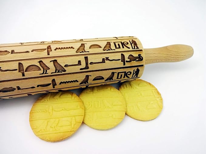 Embossing Rolling Pin EGYPT HIEROGLYPHS. Engraved Wooden Embossed Dough Roller for Embossed Cookies or Clay by Algis Crafts