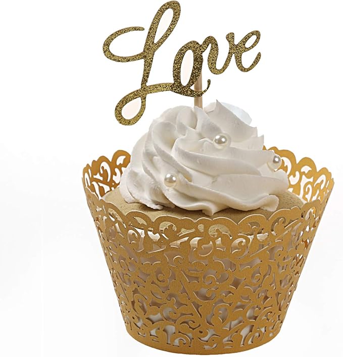 KPOSIYA Pack of 120 Cupcake Wrappers Artistic Bake Cake Paper Cups Vine Designed Laser Cut Cupcake Wraps Baking Cup Muffin Case Trays for Wedding Baby Shower Party Birthday Decoration (120, Gold)