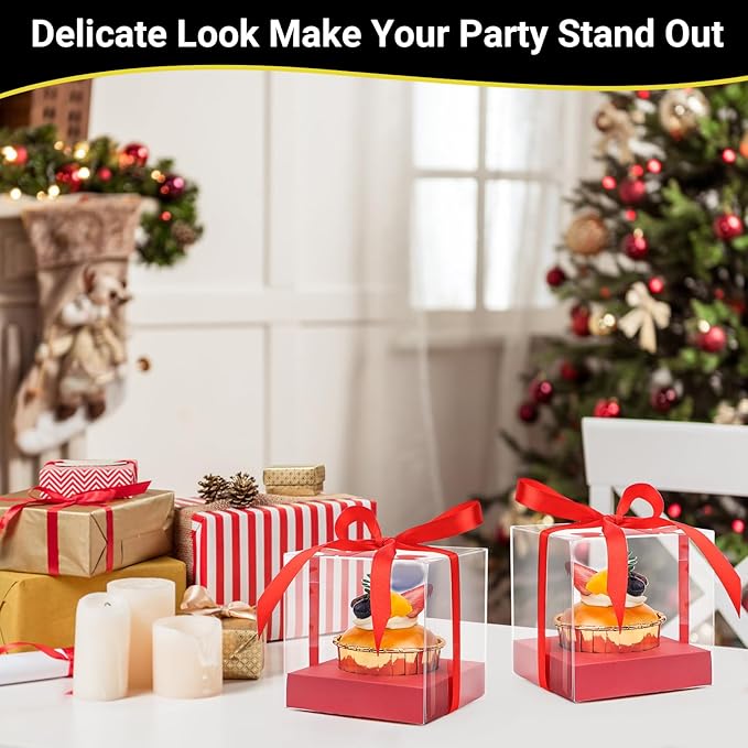 EUSOAR Cupcake Boxes Individual, 50 Pcs 3.5 Inch Clear Muffins Cupcake Containers with Inserts and Gift Ribbon, Dessert Pastry Holder Disposable Cookies Wrappers for Wedding Party Favor Bakery