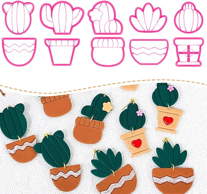 Xaekicr Cactus Polymer Clay Cutters – 10 Pcs Plant and Pot Clay Cutters Set for Earrings and DIY Crafts, Polymer Clay Tools for Jewelry Making
