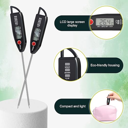 3 Set Waterproof Food Thermometer for Water, Liquid, Candle and Cooking Digital Meat Thermometer with Long Probe Instant Read for Kitchen BBQ Grill Candy (Black)