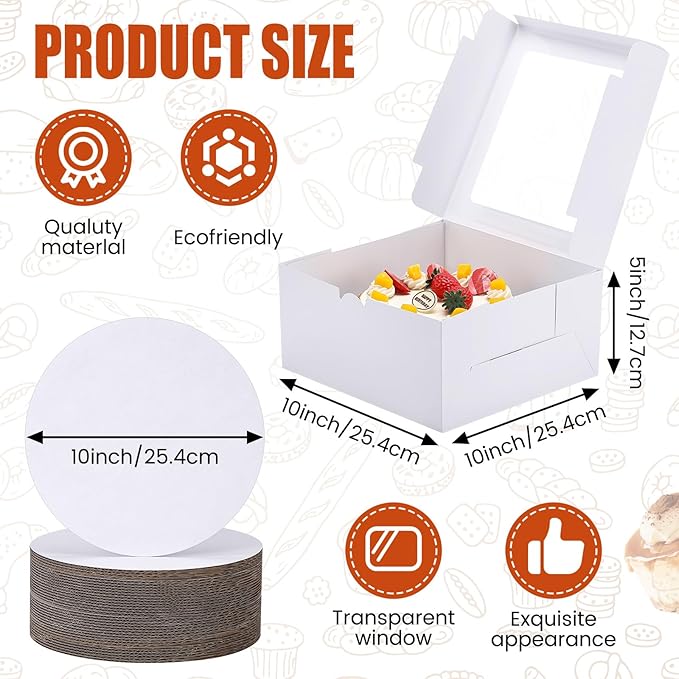 80 Pcs 10x10x5 Inch Cake Boxes 40pcs Bakery Boxes with Window and 40pcs Cake Boards Disposable Cakes Containers for Cookies Pies Cupcakes Dessert Pastry Xmas Party