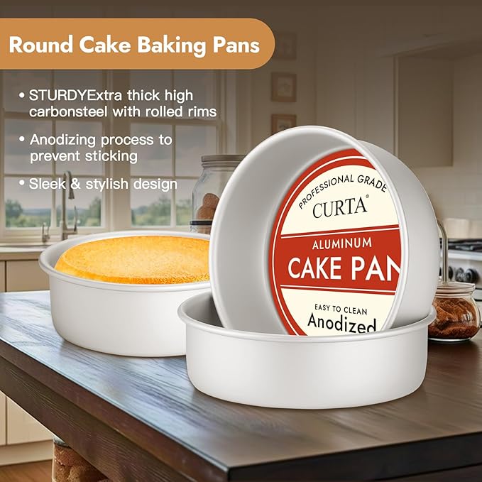 CURTA 8 Inch Round Cake Pan, 8x3 inch 2 Set Anodized Aluminum Round Baking Pan, Small Cake Pan Non-Toxic & Heavy Duty, Deep Side, Easy Clean & Dishwasher Safe