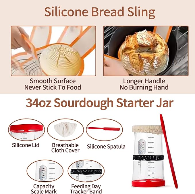 Sourdough Bread Baking Supplies, Sourdough Starter Kit, 9" Round and 10" Oval Bread Proofing Basket with Sour Dough Starter Jar, Reusable Breads Making Tools Perfect Gifts for Bakers
