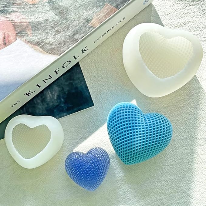FineInno 2pcs 3D Heart Candle Resin Mold, Grids Love Heart Silicone Molds for Candle Soap Making, Woven Love Epoxy Mould for DIY Bath Bomb Fondant Chocolate Cake Decor