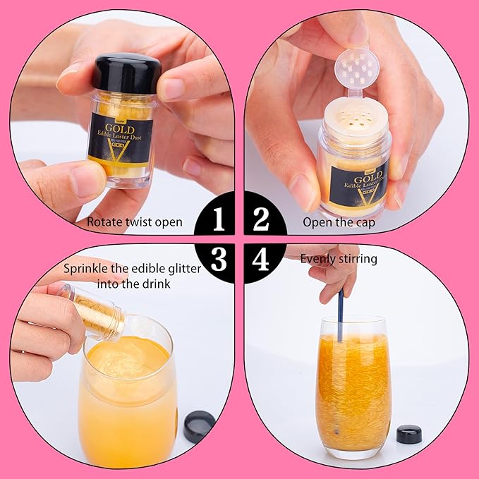 Edible Glitter - 4 Colors Luster Dust Edible Glimmer Powder for Sparkling Drinks, Foods, Wine, Beverage, Cake - Food Grade Shimmer Dust Powder for Cocktails, Baking, Cupcakes Decoration - 5g / Bottles