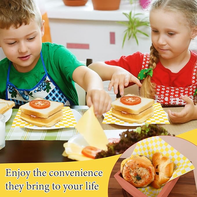 200 Pcs Wax Paper Sheets for Food Deli Wrap Paper Sheets 8.5x8.5"Food Basket Liners Checkered Square Sandwich Wraps for Burgers Bread Restaurant Barbecue Picnic(Yellow)