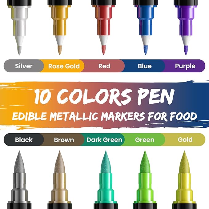 Jewem Edible Markers for Cookie Decorating, 10Pcs Upgrade Grade Metallic Markers Gold Shimmering Pens, Double Sided Tip Food Coloring Pens for Decorating Cakes, Fondant, Frosting, Easter Eggs, Macaron, Halloween, Christmas