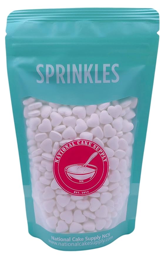 NCS Jumbo White Heart Edible Candy Sprinkles, 8 ounces