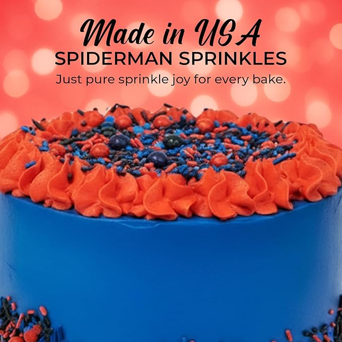 Spiderman Sprinkles for Cake, Cookie, Cupcake Decorating, and Baking - Fancy Edible Spiderman Cake Decorations Sprinkles and Toppings in Red, Blue, and Black Jimmies, Nonpareils, Sugar Pearl