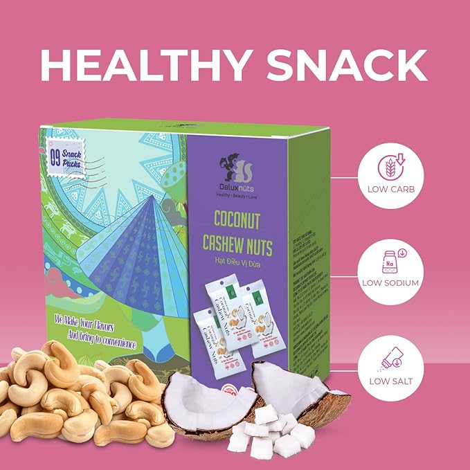 DELUXNUTS Roasted Coconut Cashews (9 Packs), Whole Cashew Nuts, Individual Packs, Healthy Snack for Kids & Adults, Good Source of Protein, Gluten-Free