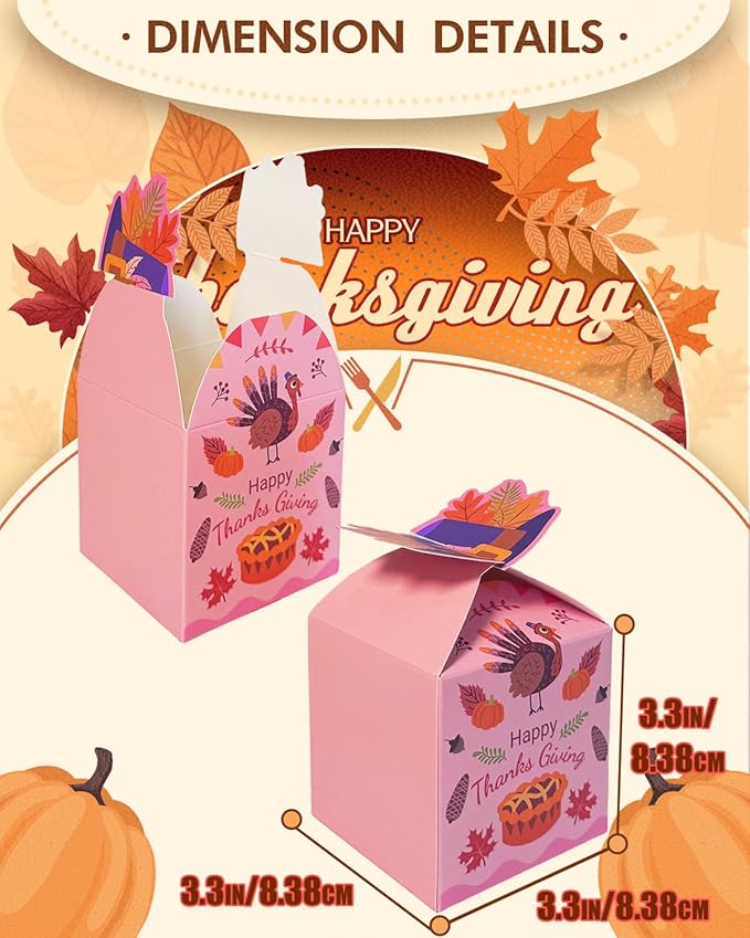 qiqee Thanksgiving Gift Boxes Fall Treat Cookie Boxes for Gift Giving Festival Party, 3D Square Gift Box,Small Cardboard Box for Bakery,Candy,Snacks (28pcs 3.3x3.3x3.3 Inches)