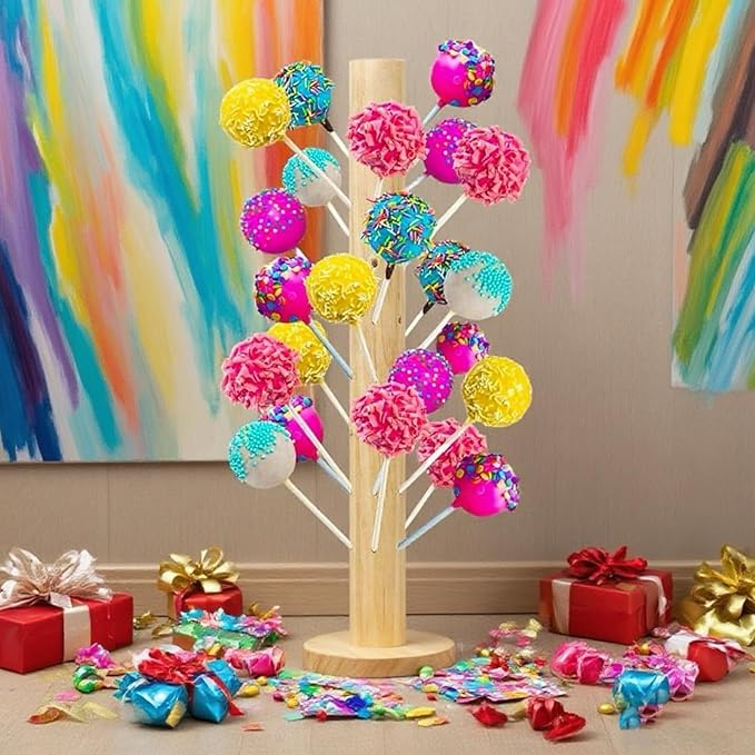 Wooden Cake Pop Stand with Spinning Base, 48-Hole Dessert Display Holder for Candy Buffet Table, Birthday Wedding Baby Shower Party Anniversary Decor (1 Pack)