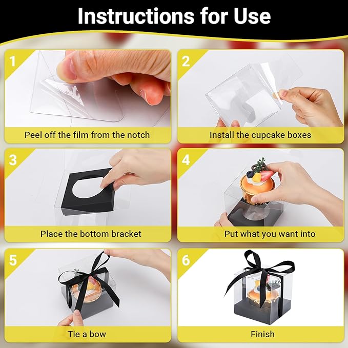 EUSOAR Clear Cupcake Boxes, 12pcs 3.5 Inch Plastic Individual Cupcake Containers Holder Storage for Cake, Single Transparent Cupcake Carrier with Ribbon and Inserts for Wedding Party-Black