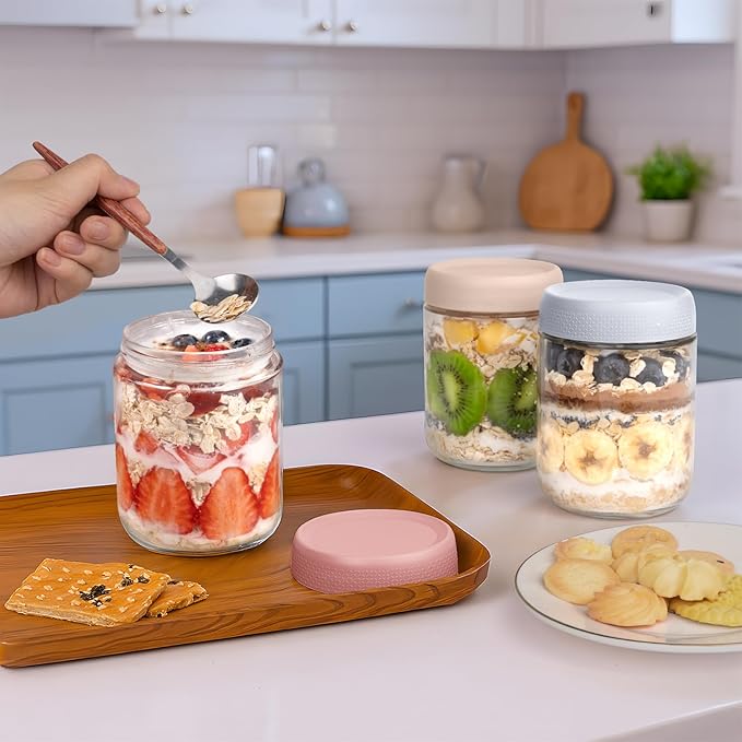 6 Pack Overnight Oats Containers with Lids, Wide Mouth Mason Jars 16oz, Glass Food Storage Containers with Airtight Lids, Overnight Oats Jars for Yogurt, Salad, Cereal, Snacks, Chia Pudding