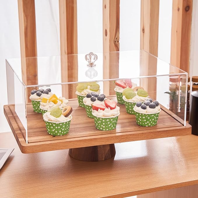 Large Cake Stand with Lid, 17″ Rectangular Multi-Functional Cake Holder, Acacia Solid Wood 2-in-1 Dessert Table Display Set, Charcuterie Board for Cheese ,Fruit Platter, Acrylic Cake Dome Cover