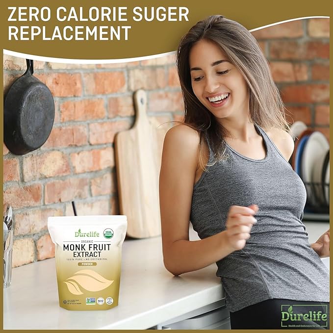 Durelife Organic 100% Pure Monk Fruit sweetener, No Erythritol, Monkfruit Extract Powder, USDA organic, NON-GMO Project Verified, Keto Certified, OU kosher, No Fillers Zero Calorie Sugar Substitute 15 OZ
