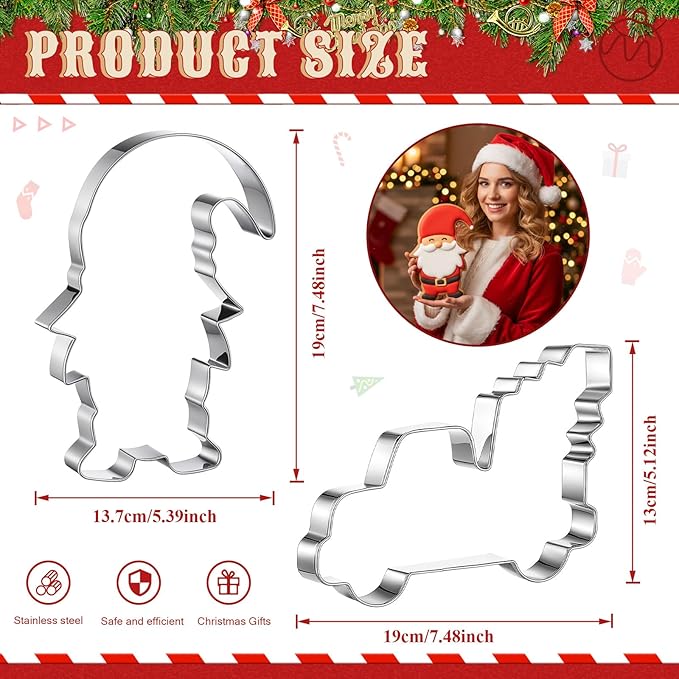 2 Pcs Large Christmas Cookie Cutters 8" Extra Large Truck and Gnome Stainless Steel Giant Cookie Cutter for Holiday Baking