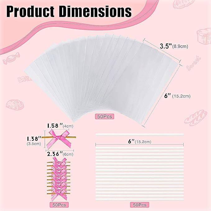 RomanticBaking 50 Sets Clear Rice Krispie Treat Bags with Pink Ribbon Bow and Stick & Flat Cellophane Clear Bags for Rice Krispie Treats Gift Giving Bag(Pink)