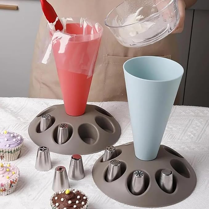 Piping Bag Stand and Tip Organizer With 8 Holder Slots for Filling - Plastic Pastry Bag Holder - Cake Decorating Kit and Baking Accessories